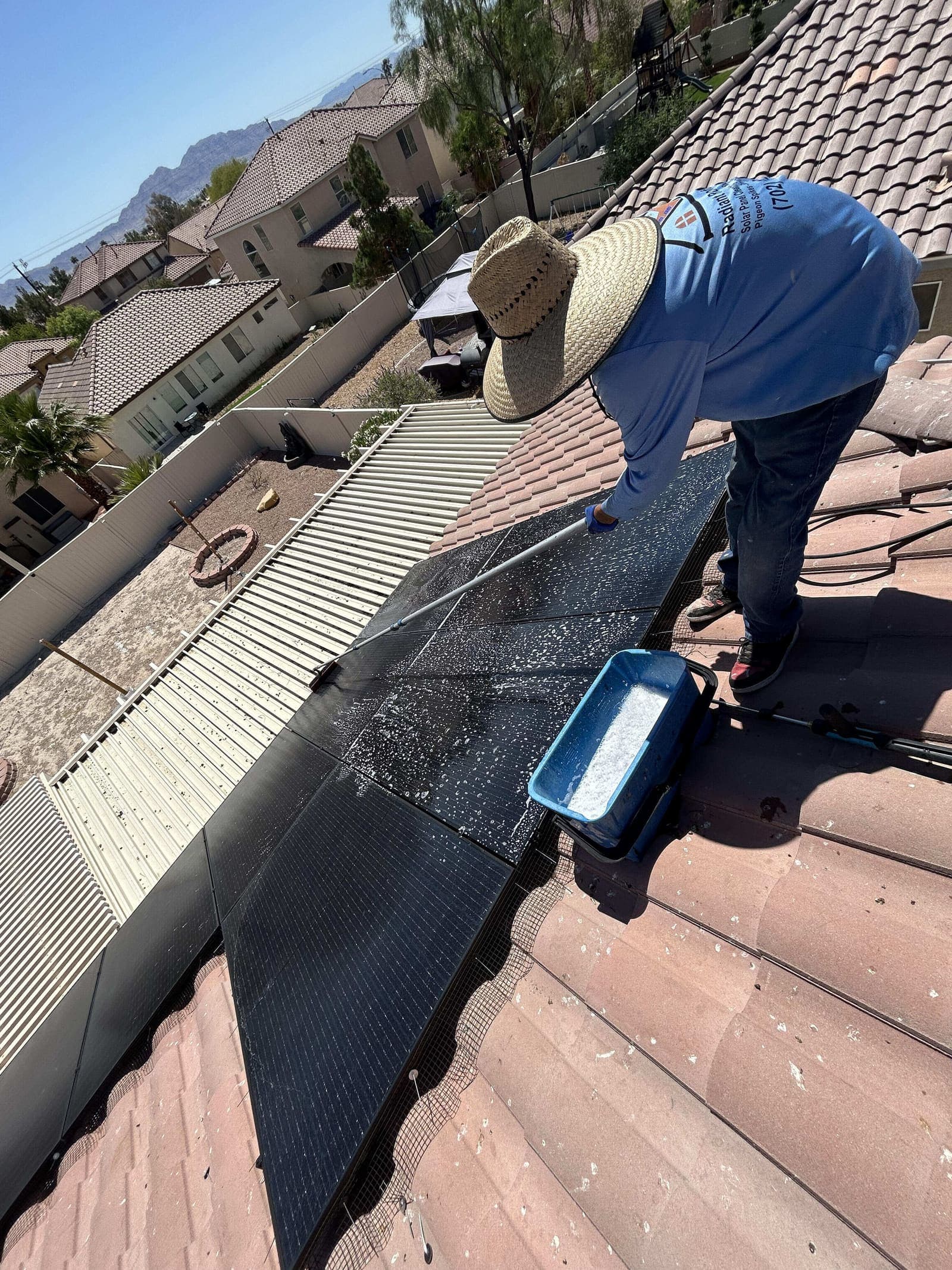 Technician cleaning solar panels with mountains in the background