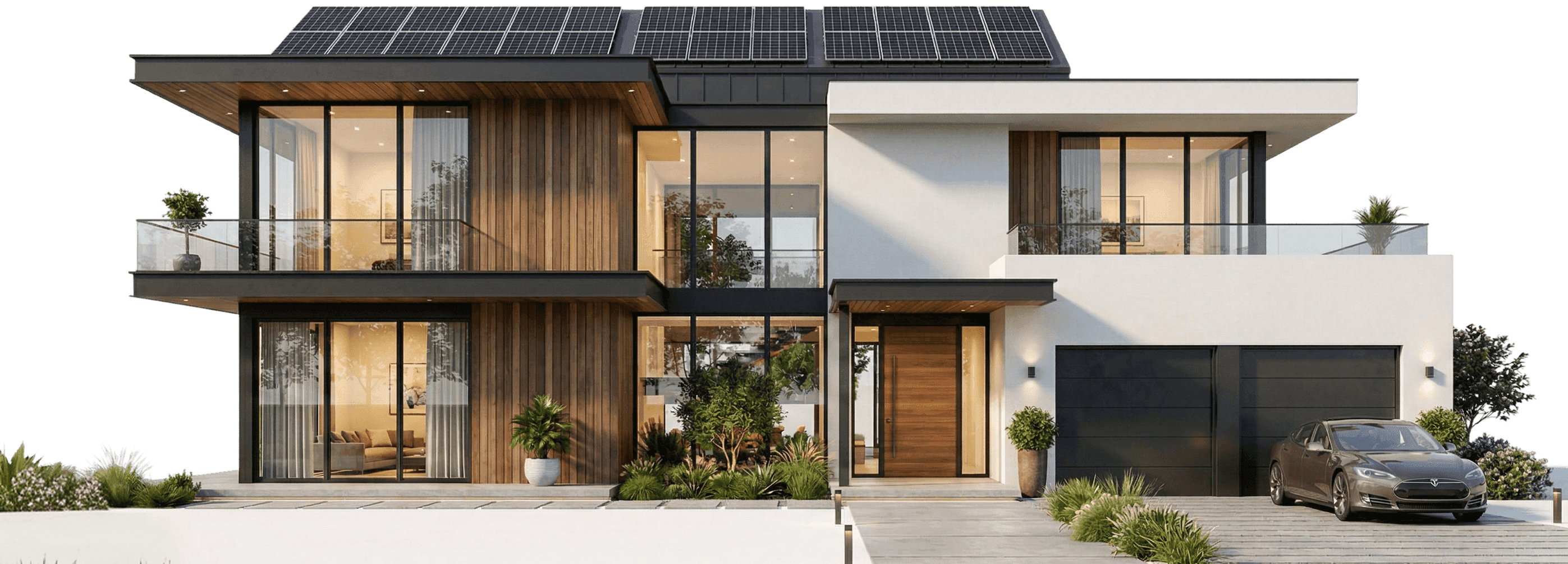 Modern house with solar panels, large windows, and a parked car